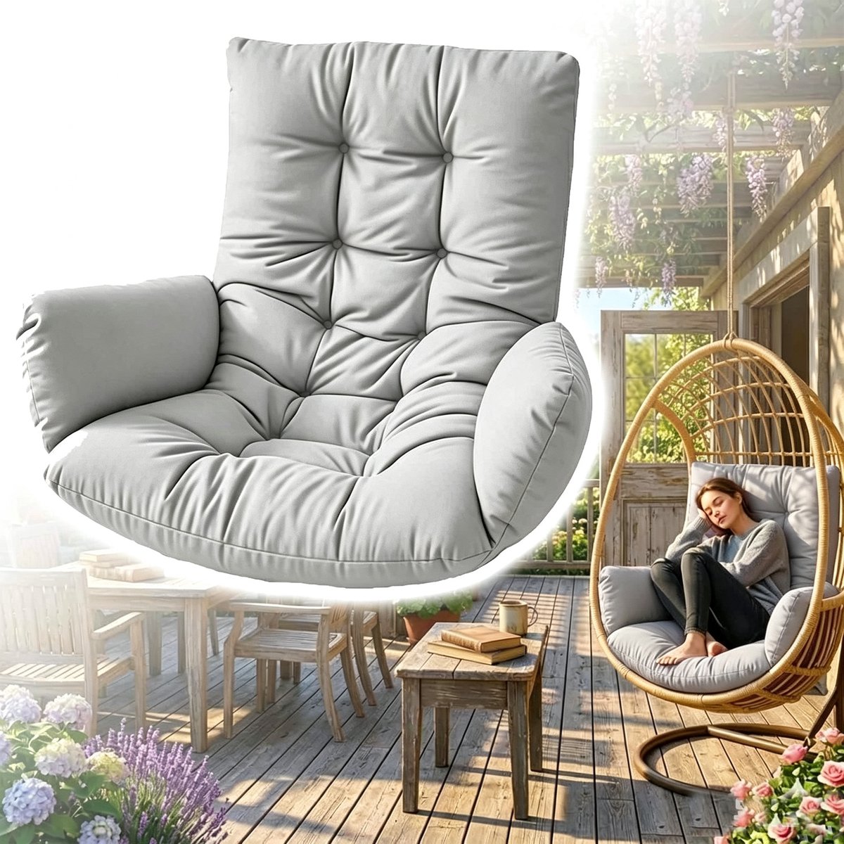 Schommelstoelkussen - Verdikt en zacht rugkussen - Waterdichte tuinmat - Geschikt voor binnen- en buitengebruik - Kan worden bevestigd aan eivormige schommelstoelen, hangstoelen en tuinschommelstoelen.