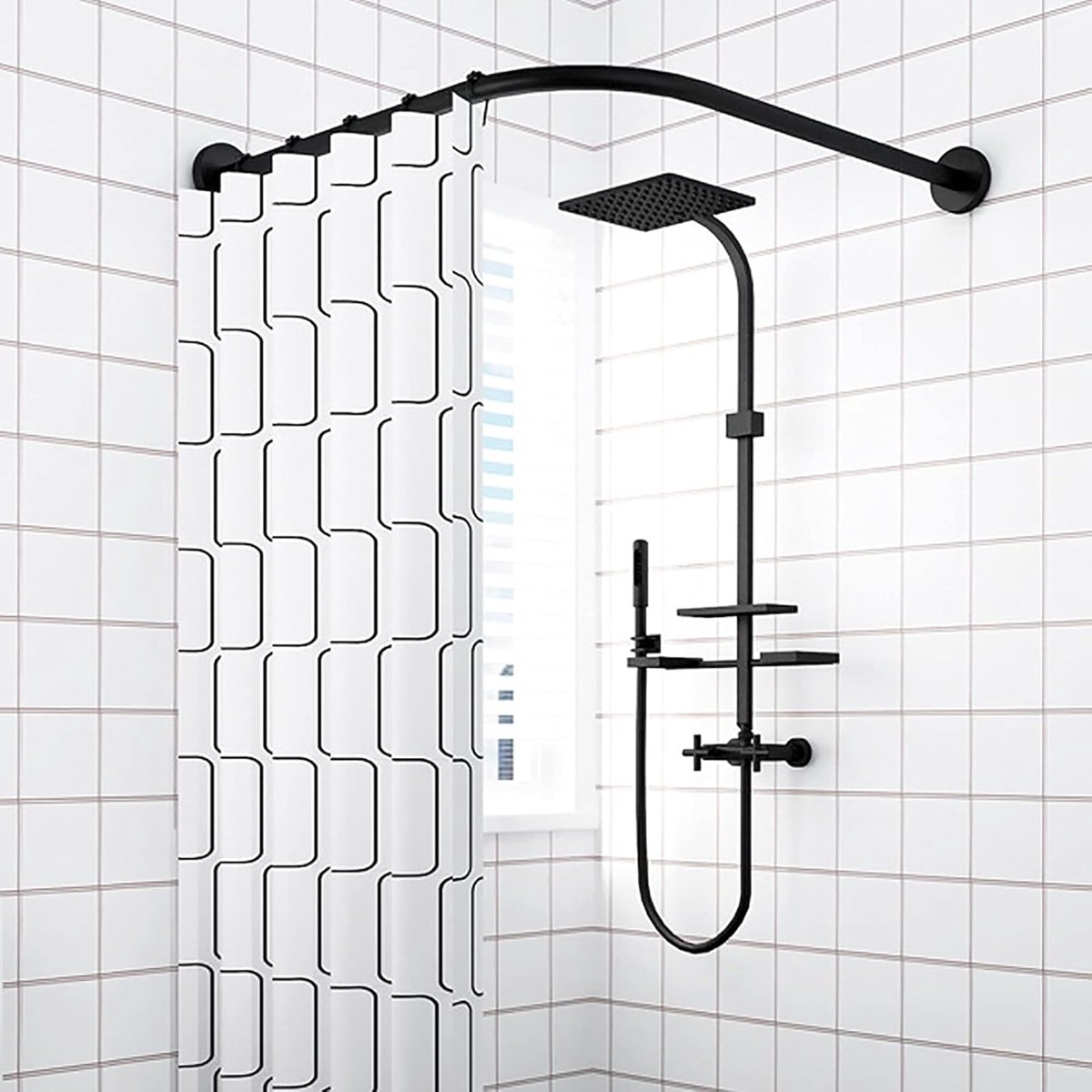 uitschuifbare roestvrijstalen gordijnstang rail, L-vormige badkamer douchegordijnstang gebogen rek, douchestokken ponsvrij telescopisch roestvrij staal voor montage kamer70 tot 95 cm x 90 tot 130 cm
