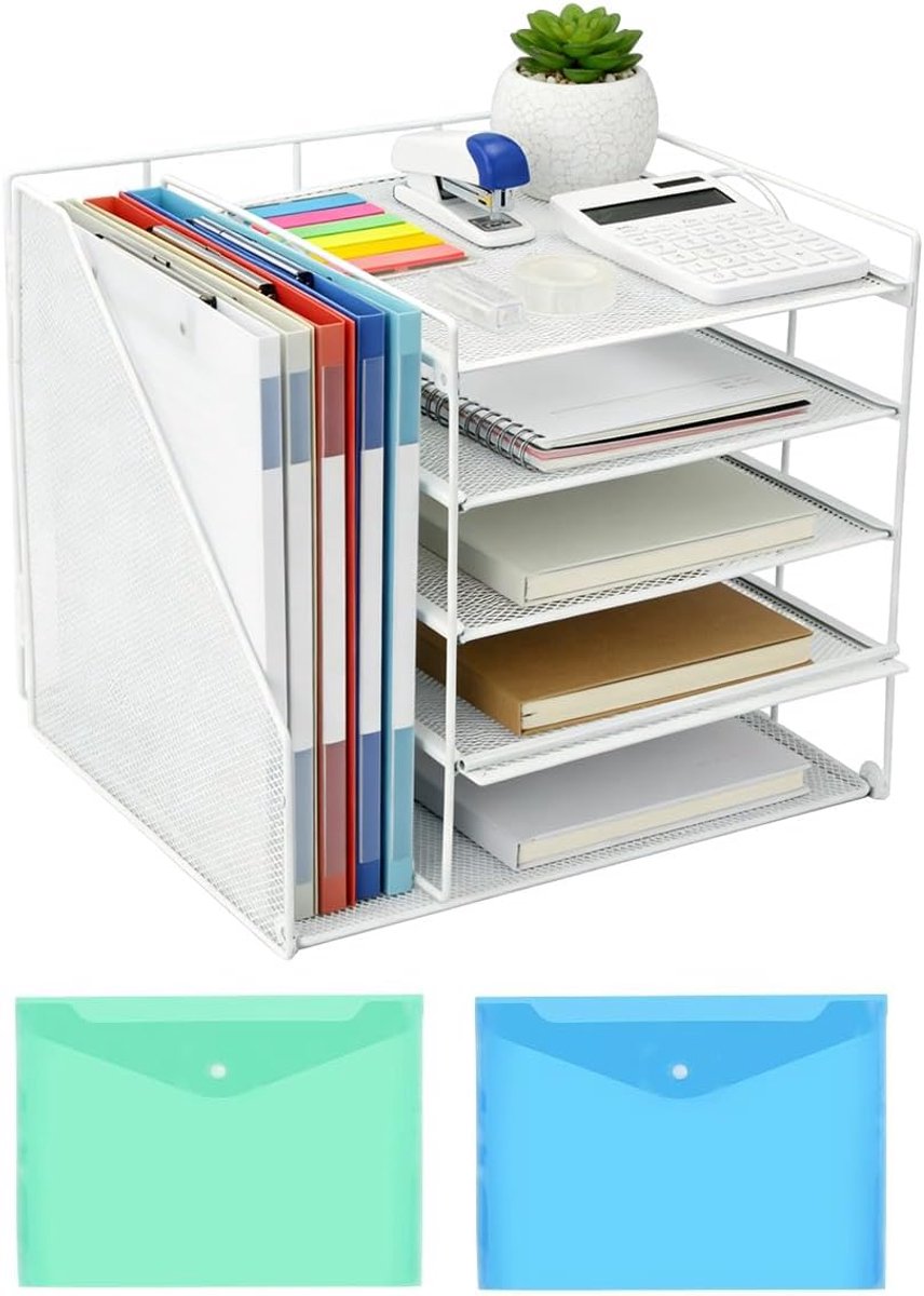 Bureau-organizer met aktjeshouder, 5-laags brievenbakje, netpapierhouder, mesh-bureau-organizer en opslag voor kantoorbenodigdheden, A4-documentenplank, plank