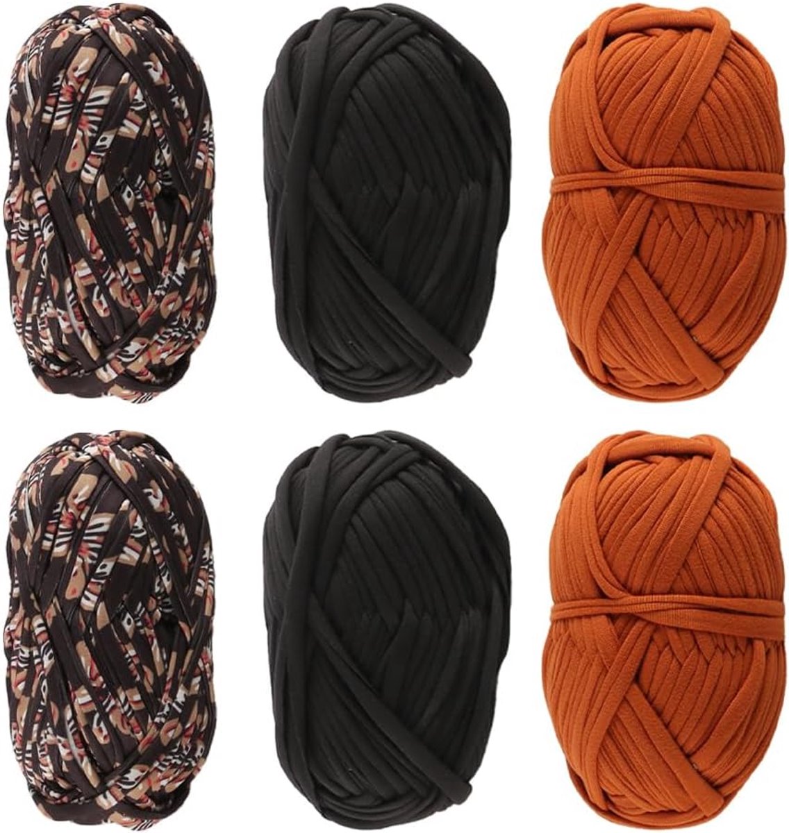 zalati 6-pack T-shirtgaren Textielgaren Breigaren Zacht kerngaren voor het haken van tassen, manden, tapijten en knutselwerkjes 3 kleuren (zwart/kurkuma/zwart met print) 2 cm x 30 m/rol