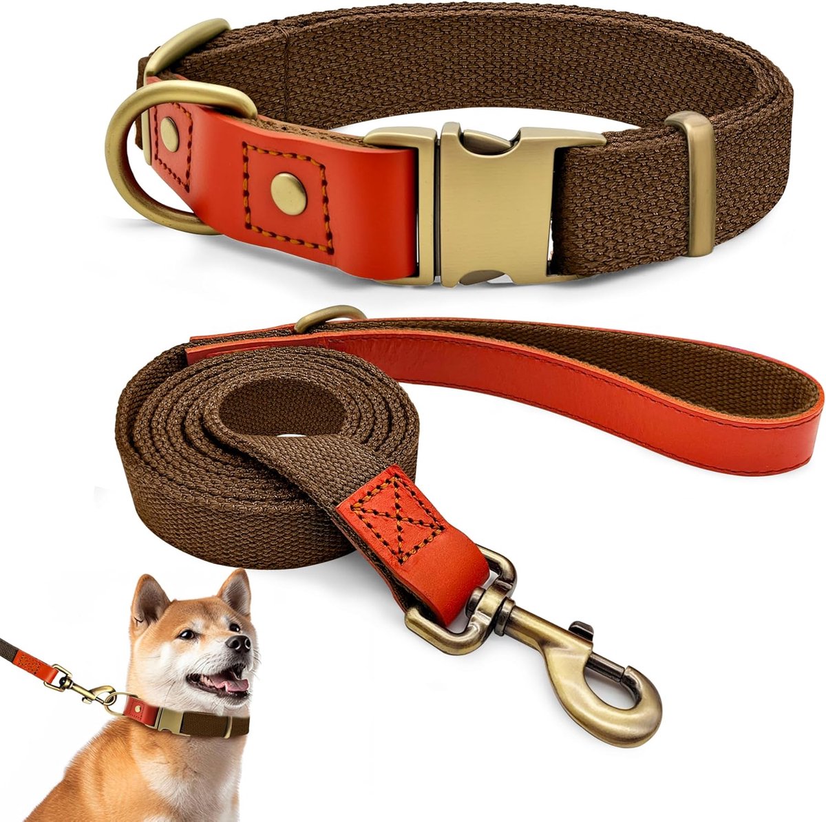 Hondenhalsband en riem, set voor honden, halsband en riem, verstelbare hondenhalsband voor kleine, middelgrote en grote honden, bruin, L