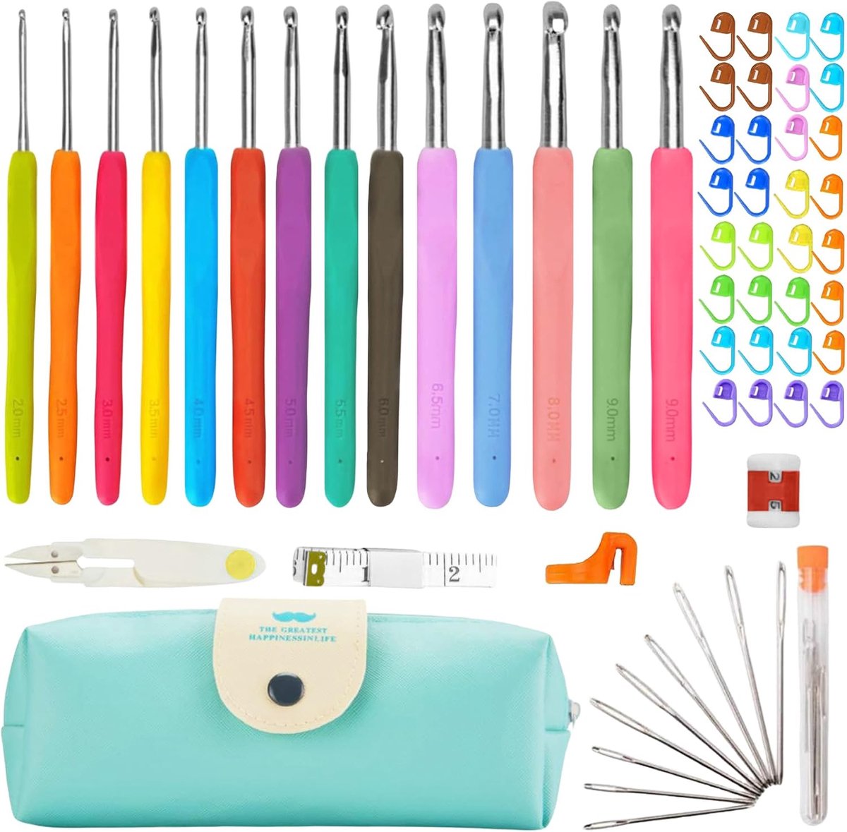 Haaknaaldenset, 14 maten haaknaalden, 59 stuks breiset, aluminium haaknaalden met haaknaald etui, voor beginners en volwassenen, ergonomische zachte handgreep voor haakcadeau, artritische handen
