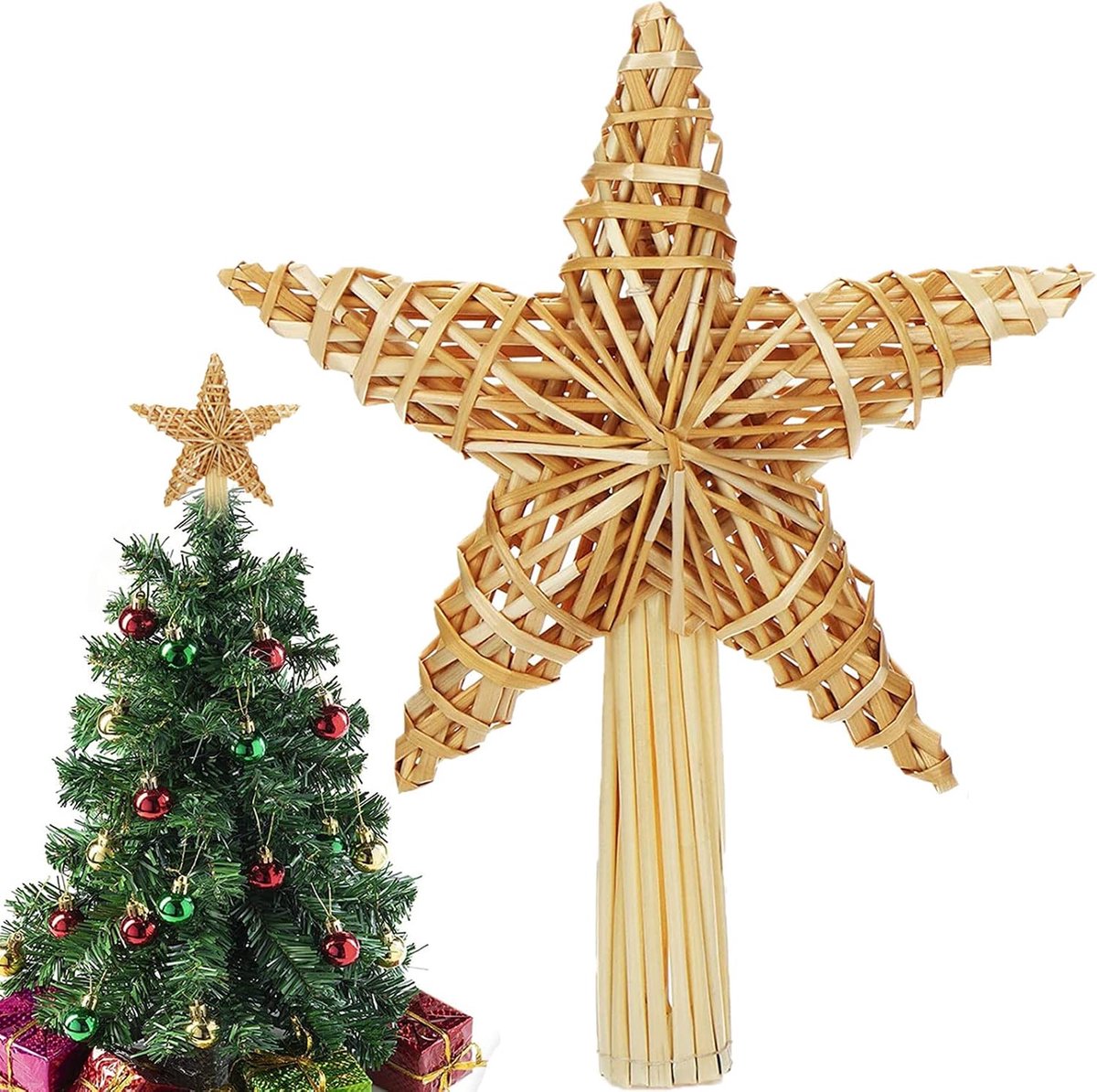 Kerstboompiek met ster, 20 x 30,5 cm, grote kerstboompiek, ster van natuurlijk stro, kerstster, handgemaakt, voor kerstboomversiering