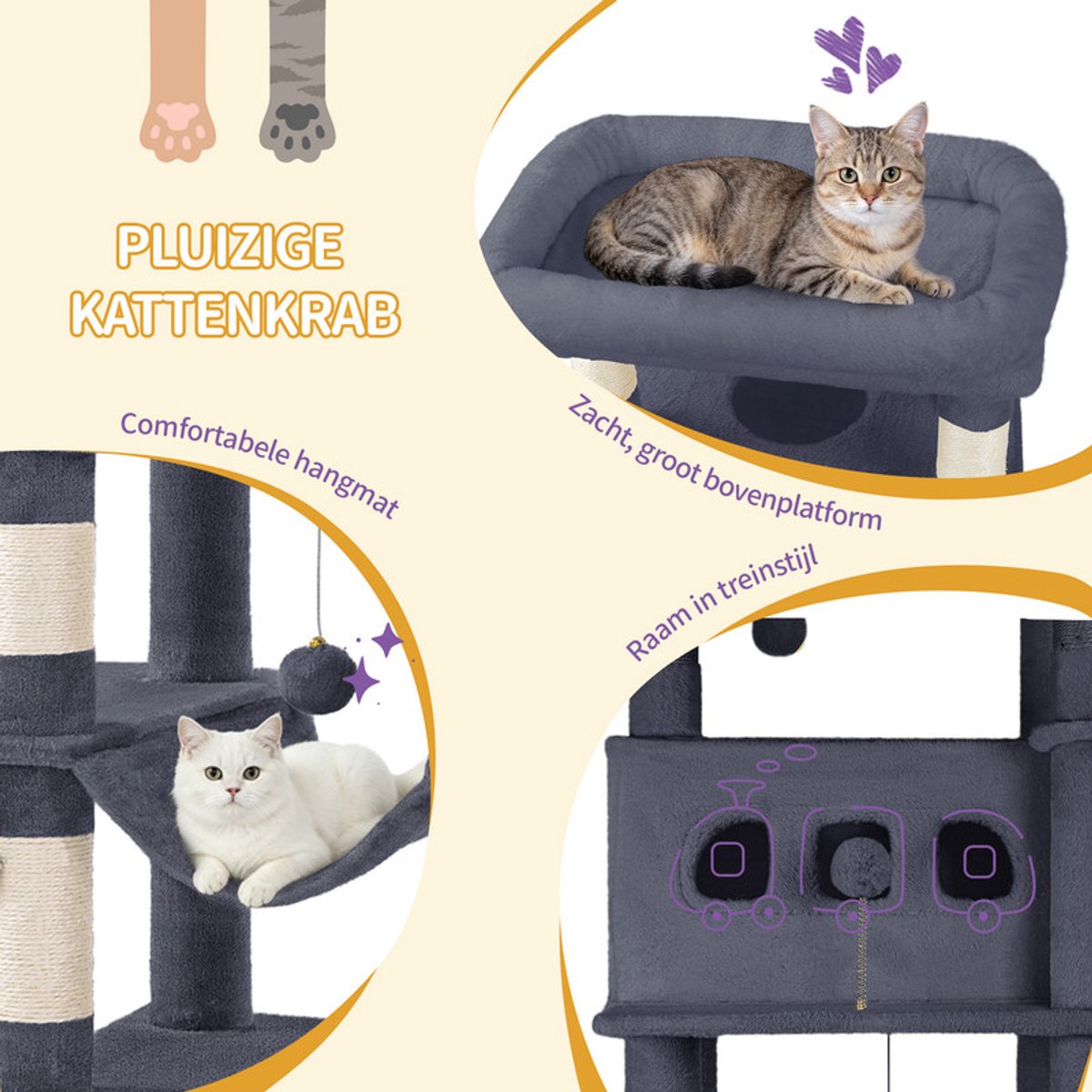 Hzuaneri Krabpaal groot, 170 cm, kattentoren voor maine-kat, grote kat, meerlaagse krabpaal met grote zitstang, wasbare mat, kattenhuismeubel met 2 holletjes, 8 krabbomen, Lichtgrijs thumbnail 2