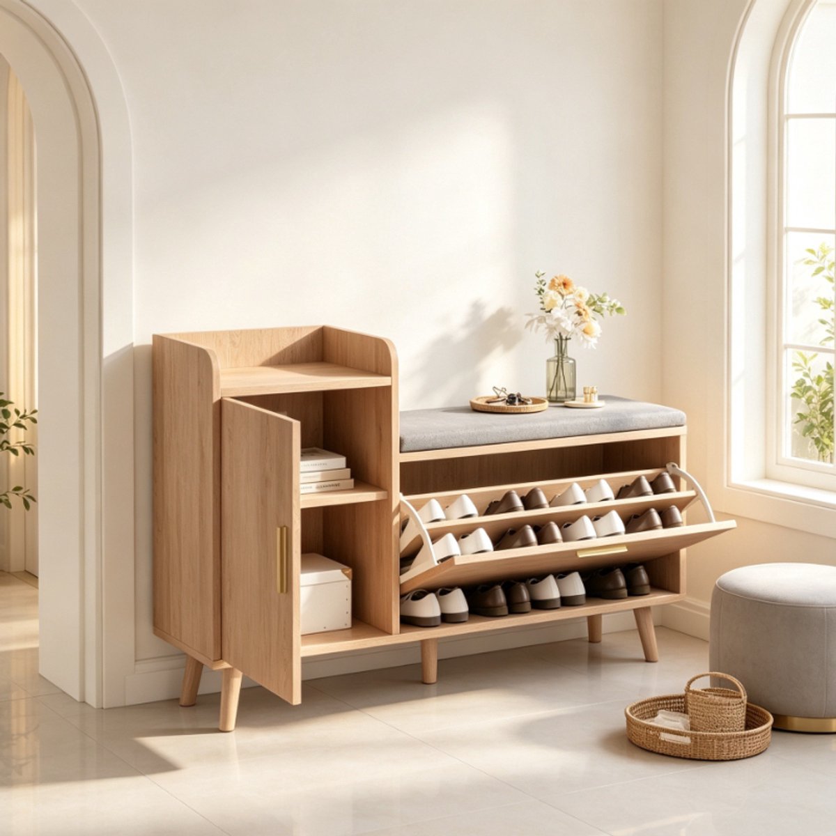 Schoenenbank 100x30x69,5 cm, schoenenkast met zitkussen en opbergruimte, halmeubel met klepdeuren en zijvak, houten entreekast naturel