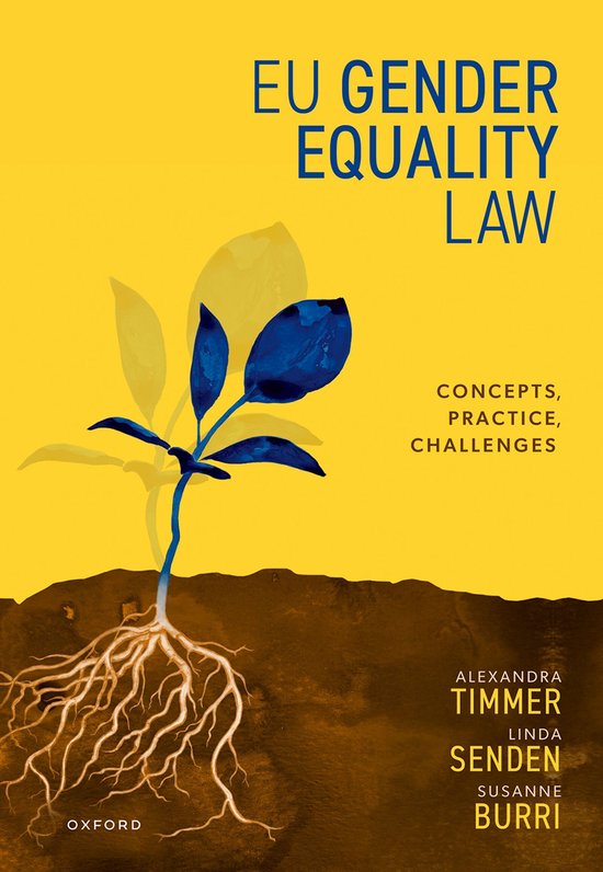 Couverture du livre 'EU Gender Equality Law' sur fond jaune, avec une plante bleue et ses racines, et du texte.