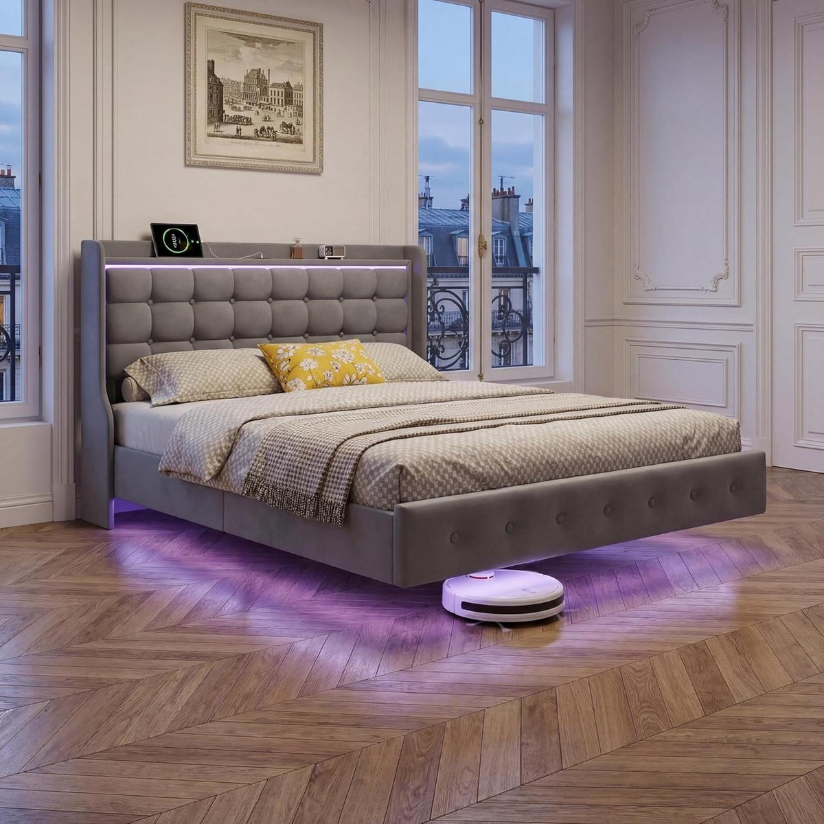 Drijvend Bedframe - Gestoffeerd Led Bed - Moderne Slaapkamer - Zwevend Effect - 140x200 cm - Donkergrijs