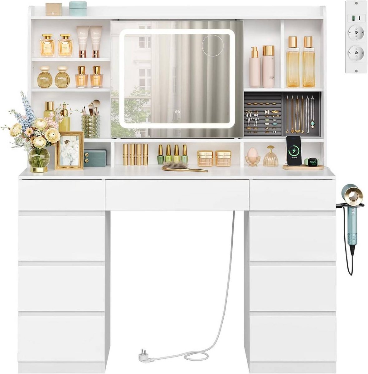 SureDeal® - Kaptafel - Ledverlichting - Stopcontact - Verschuifbare spiegel - Wit - 110x40x140 cm