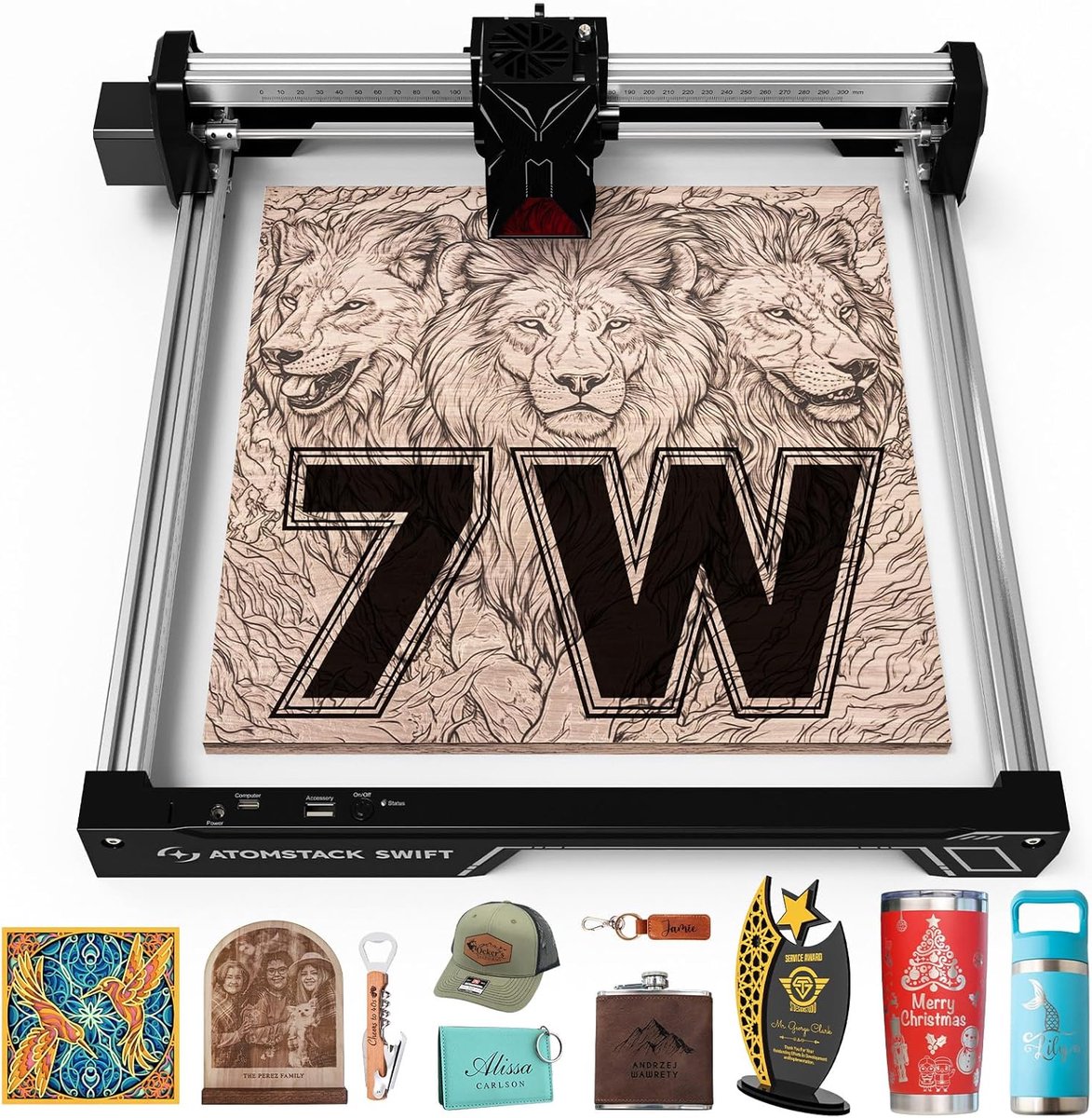 SnelShoppen - ATOMSTACK 7W Laser Graveermachine, Precisie Laser Cutter voor Hout en Metaal, 300x300 mm, Voor Donker Acryl en Lederen Graveren