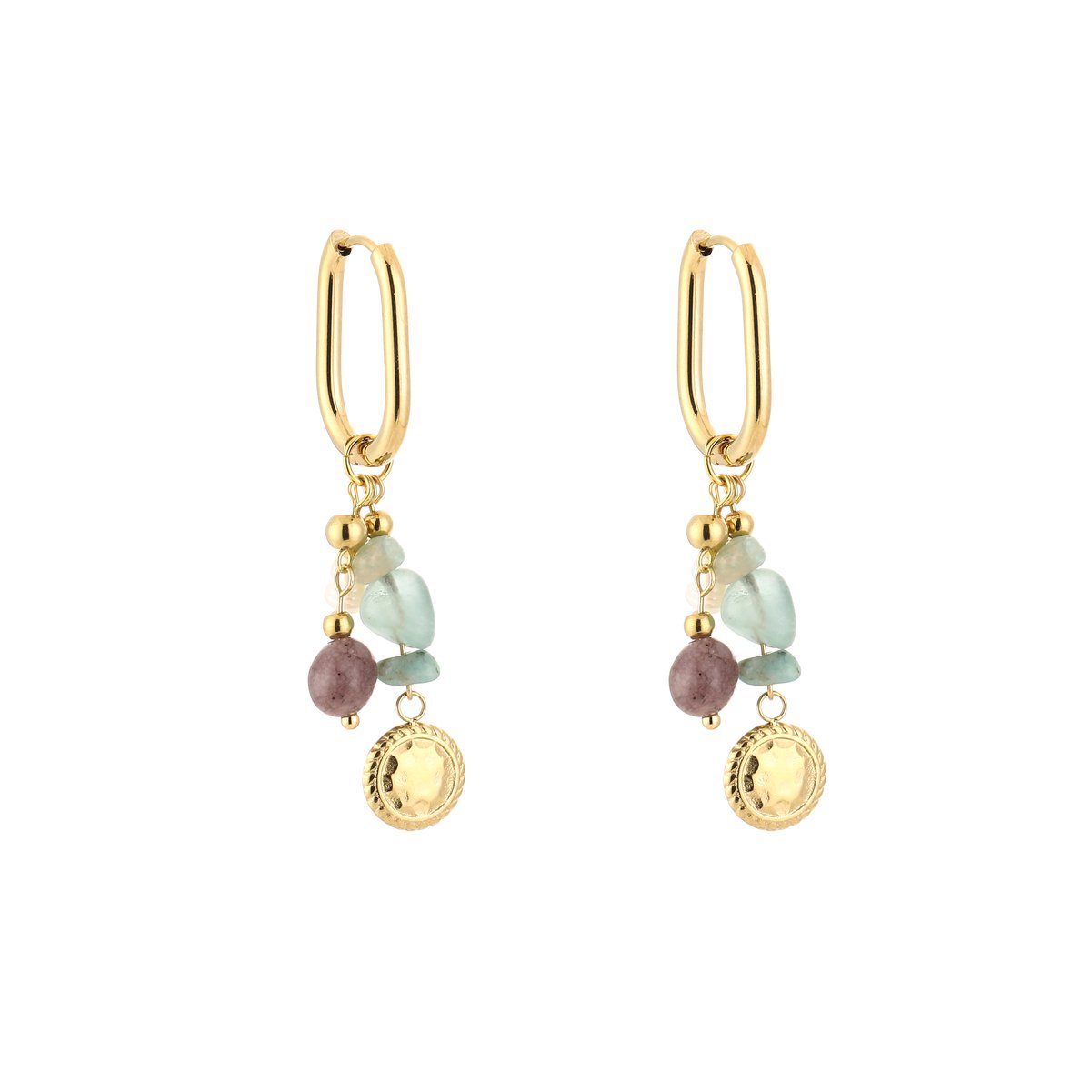 Stainless Steel Oval Paperclip Hoops with Hammered Coin & Pastel Gemstones – Luxe Ovaal Bedel Oorringen met Gehamerd Medaillon – RVS - Goud