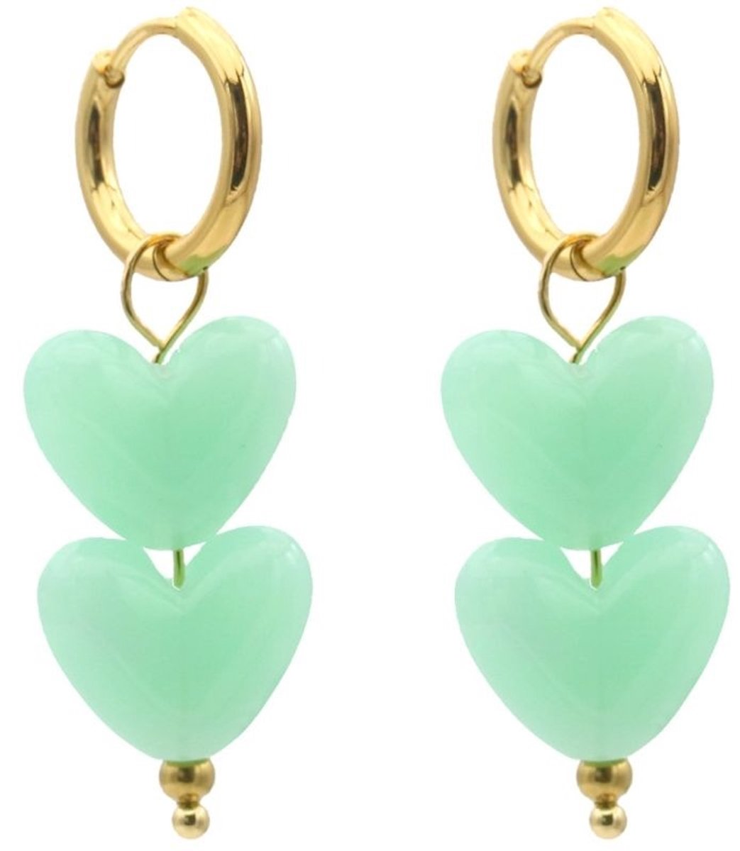 Oorbellen hartjes - Groen, goudkleurig - 4 Centimeter - Stainless steel, verkleuren niet - Waterproof - Handige kliksluiting - Damesdingetjes