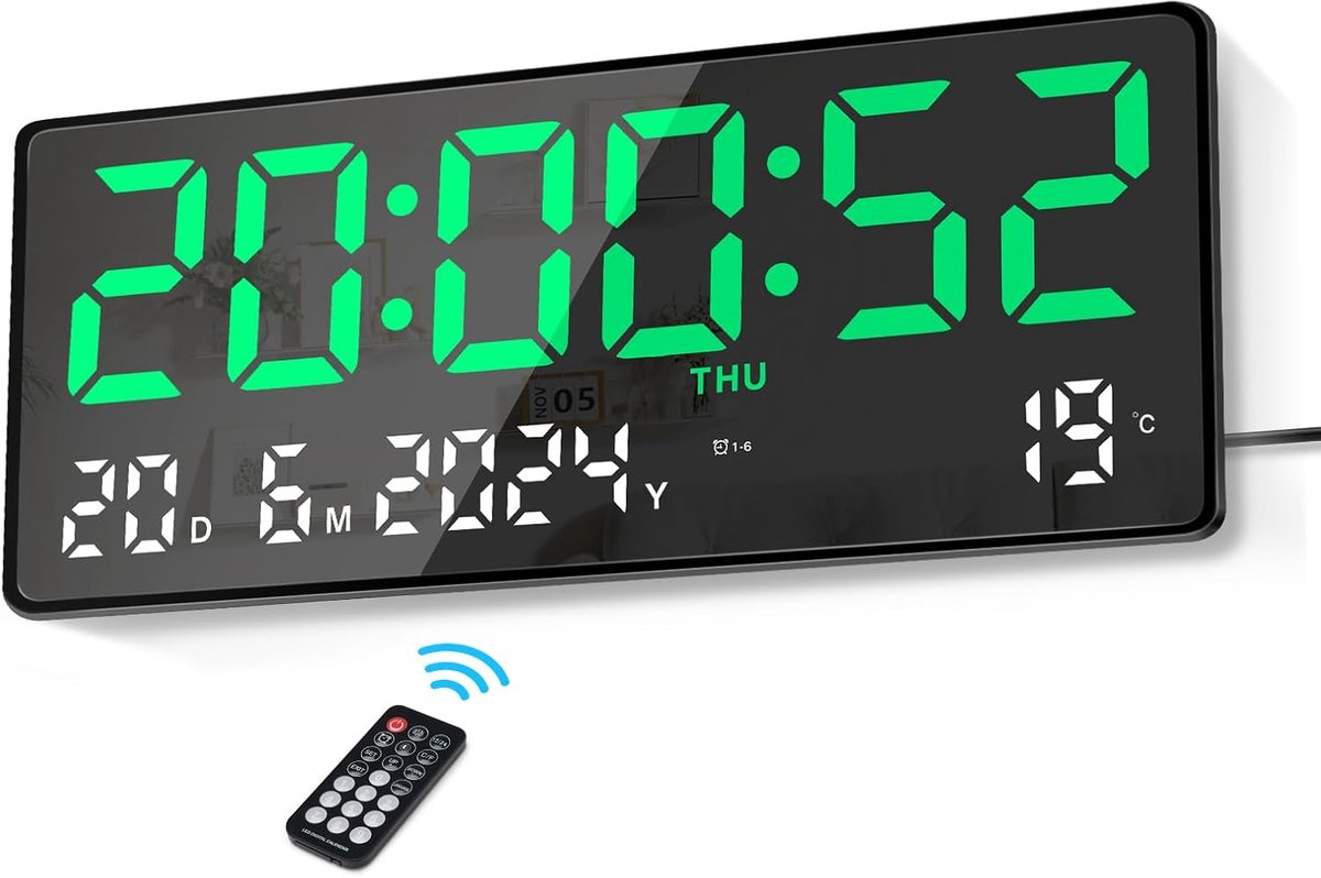 Lzwintrading - Digitale Klok - Digitale Wandklok Radiogestuurd - Wandklok Digitaal - 15.5 inch Led Groot Display - Digitale Tafelklok met Afstandsbediening - Grote Cijfers Datum Temperatuur Week Modern - Voor Woonkamer Slaapkamer Kantoor