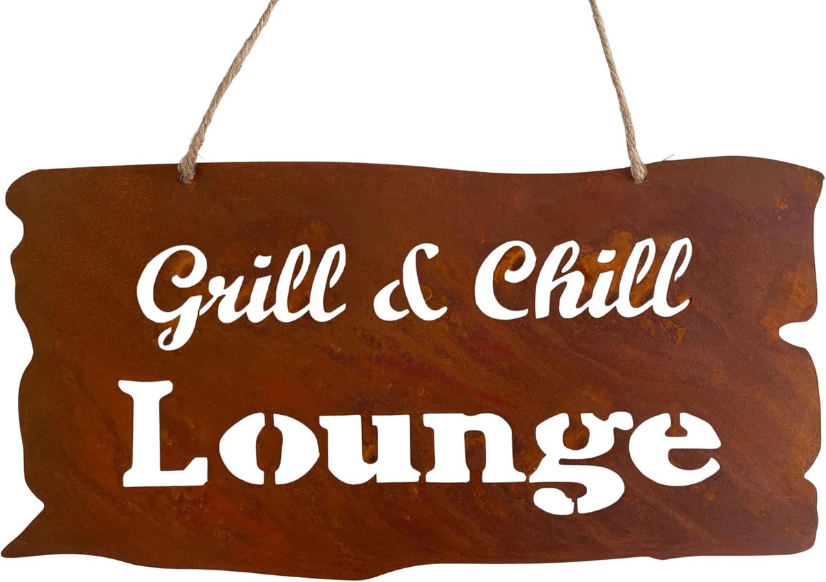 khevga Metalen bord roest grillen & BBQ - roestdecoratie hangbord "Grill & Chill Lounge" - rustieke tuindecoratie voor buiten, keuken en terras - cadeau-idee voor mannen