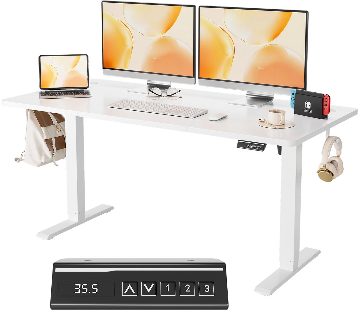 Elektrisch hoogteverstelbaar bureau, zit-sta bureau met geheugenfunctie en stille motor, hoogtebereik 72–120 cm, belastbaar tot 100 kg, verstelbare poten – Wit, 120x60 cm