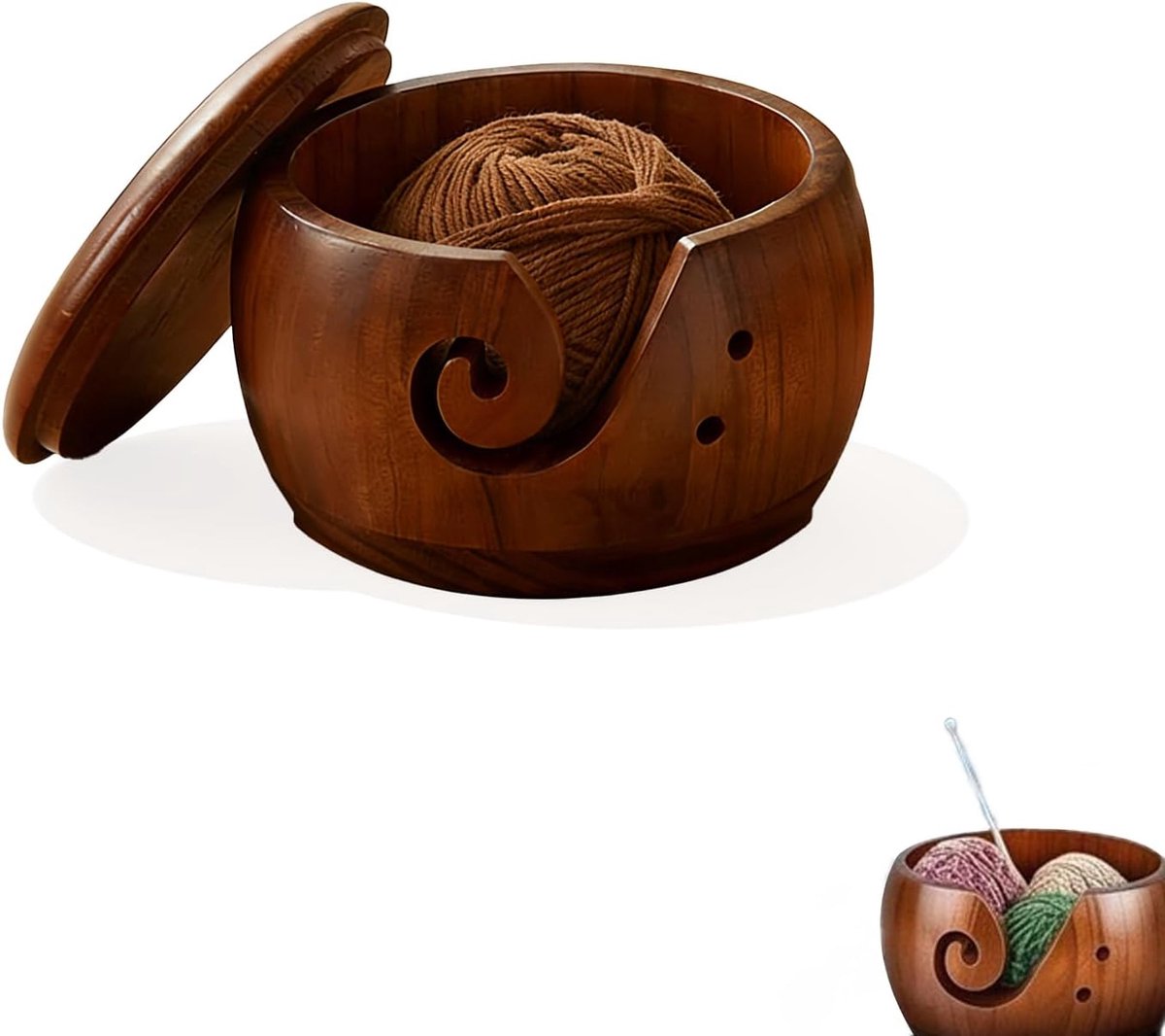 Breikom van hout met deksel, 15 cm lange draadkom voor haken en breien, inclusief draadstrik, praktisch ontwerp voor het opbergen van draden