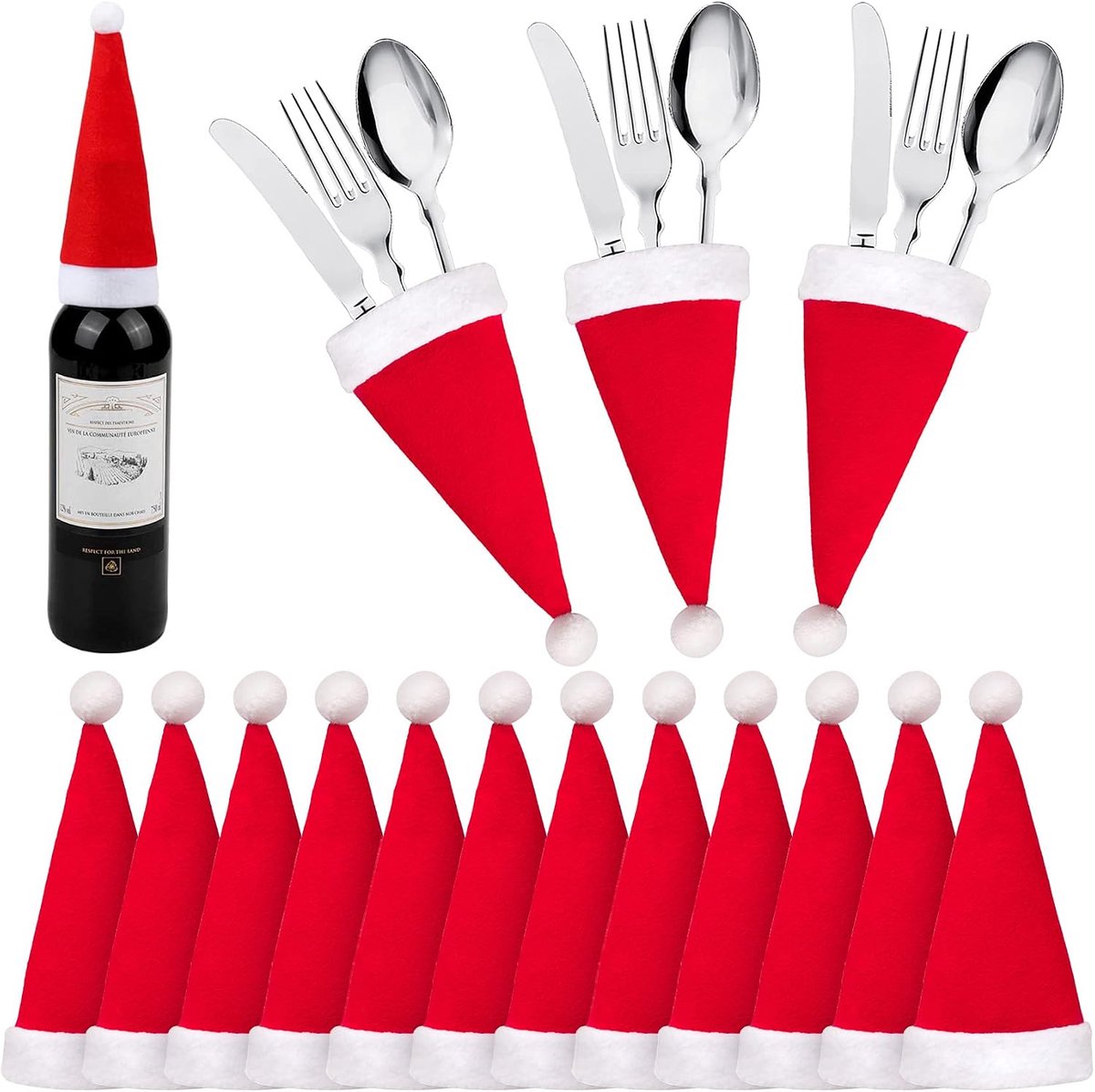 kerstdecoratie 2022, Kerstmis Hoed Klein, 12 Mini Kerstman Kerstmis Hoed, Kerstmis Tafeldecoratie, Bestek Houder Kerstmis, Bestek Zak