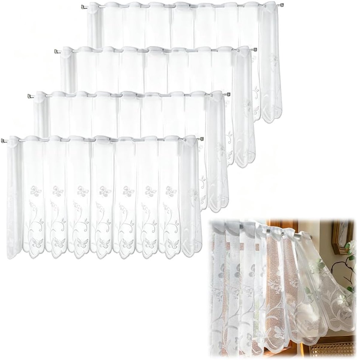 4 stuks vitragegordijnen, 130 x 45 cm, bistrogordijn met bloemen en vlinders, modern kort, semi-transparante gordijnen, vitrage keuken voor woonkamer en keuken, wit