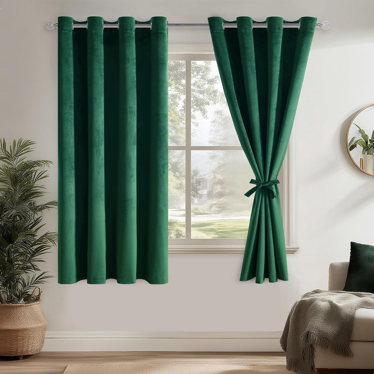 Groene Fluwelen Gordijnen met Oogjes, Set van 2 H145 x B140 cm, Korte Gordijnen met Gordijnstrikjes, Ondoorzichtige Fluwelen Gordijnen voor Slaapkamer en Woonkamer, Prachtig Zachte Gordijnen voor