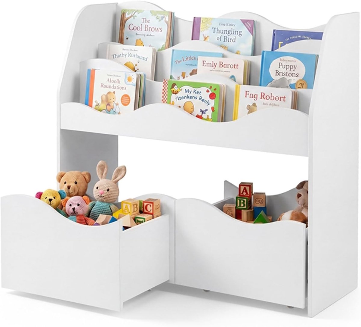 KOMFOTTEU Kinderkast met 2 lades en wielen – natuur houten speelgoed- en boekenrek in golfvorm – opbergmeubel voor kinderkamer