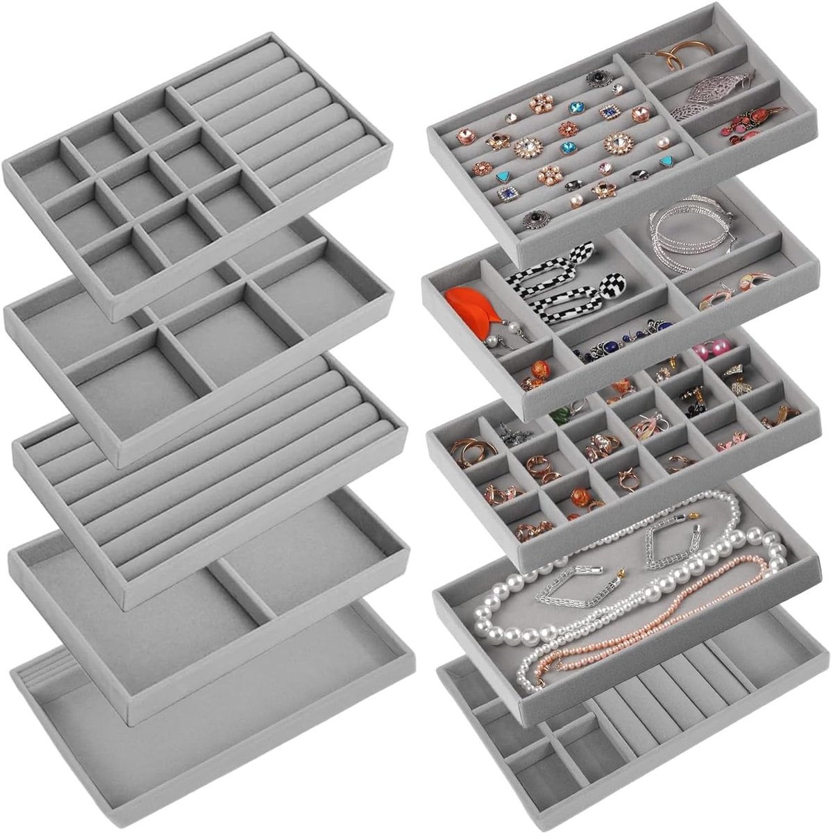 10 stuks, sieradenorganizer, sieradenopslag, lade, sieradeninzet voor laden, stapelbaar voor bewaren en presenteren (grijs)