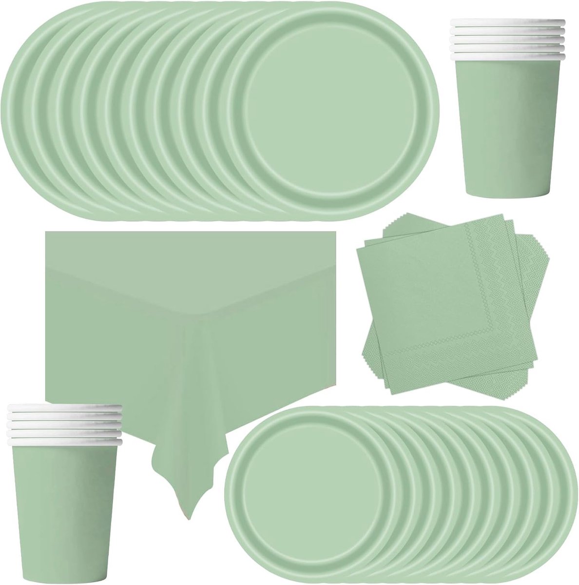 69 stuks wegwerp servies verjaardag salie groen, papier papier bord bekers servetten tafelkleed voor kerstfeest, kinderfeestje servies, barbecue, vakantie picknicks (16 gasten)