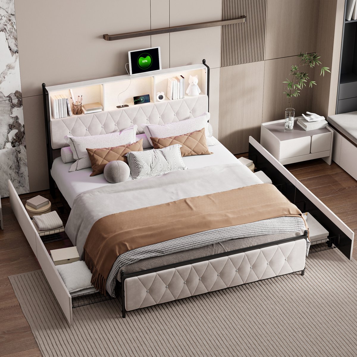 ROSAHQNDA Tweepersoonsbed 180x200 cm, volwassen bed met rgb led en app bediening, opbergbed met 4 lades en usb type c, fluwelen bed beige, zonder matras