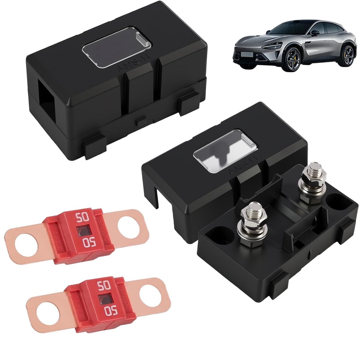 2 stuks Midi zekeringen 50 A en zekeringhouder ANS, autozekering, hoge spanning 12 V-58 V, compatibel met auto's, vrachtwagens, bouwvoertuigen, bussen, caravans
