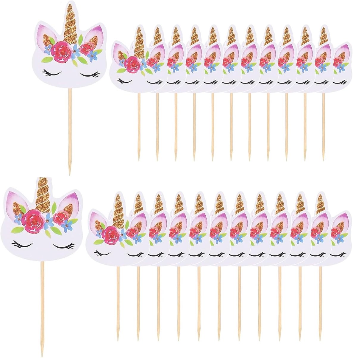 Eenhoorn taarttoppers, 24 stuks dubbelzijdige eenhoorn cupcaketoppers voor verjaardagsfeestdecoraties, regenboogeenhoornpatronen voor meisjes, kinderen, vrouwen, babyshower, eenhoorn-thema
