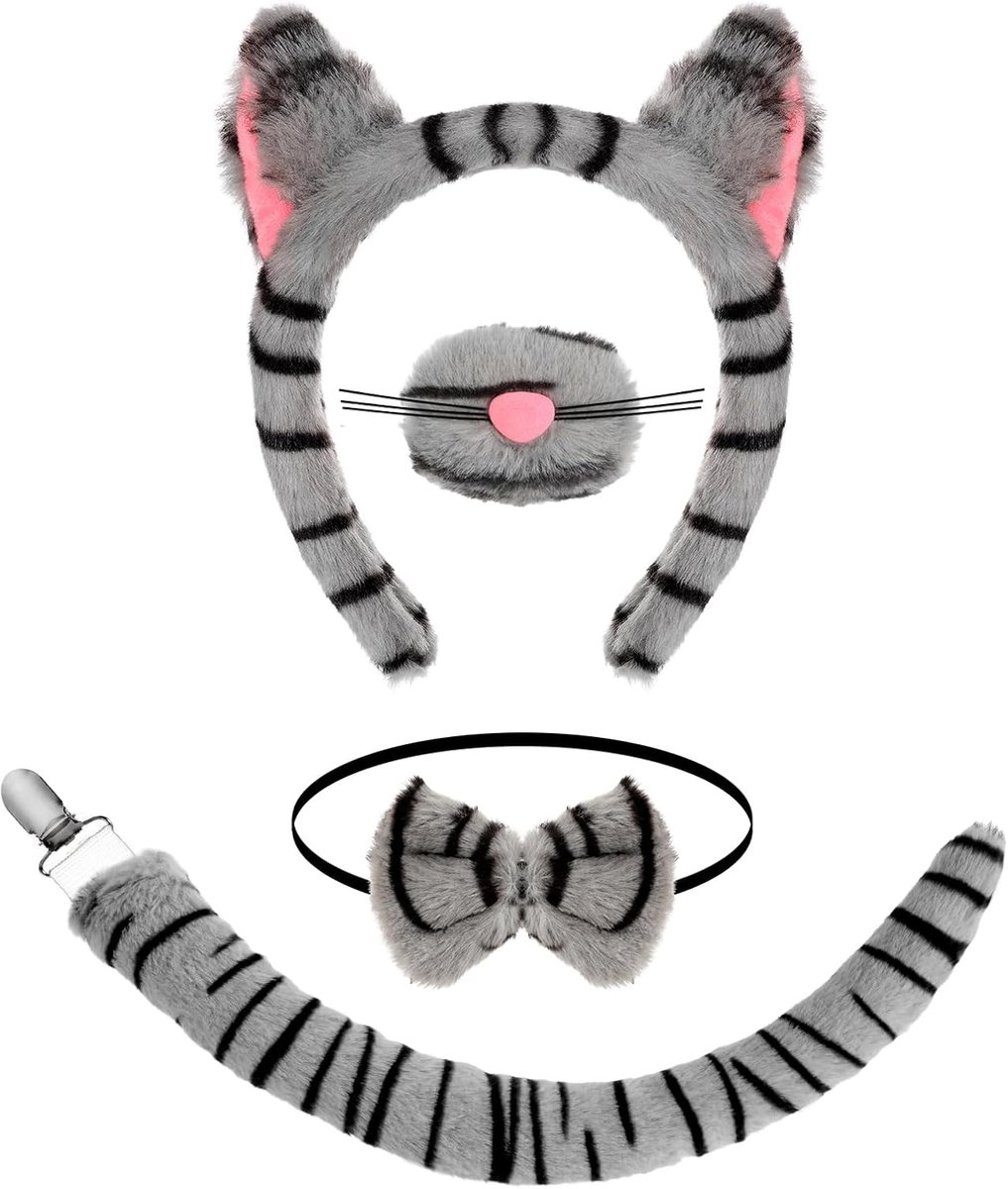 Kostuumset met oren en staart, kattenoren, hoofdband, neus, staart, dierenkostuum, cosplay, verjaardag, Halloween, kostuumfeest