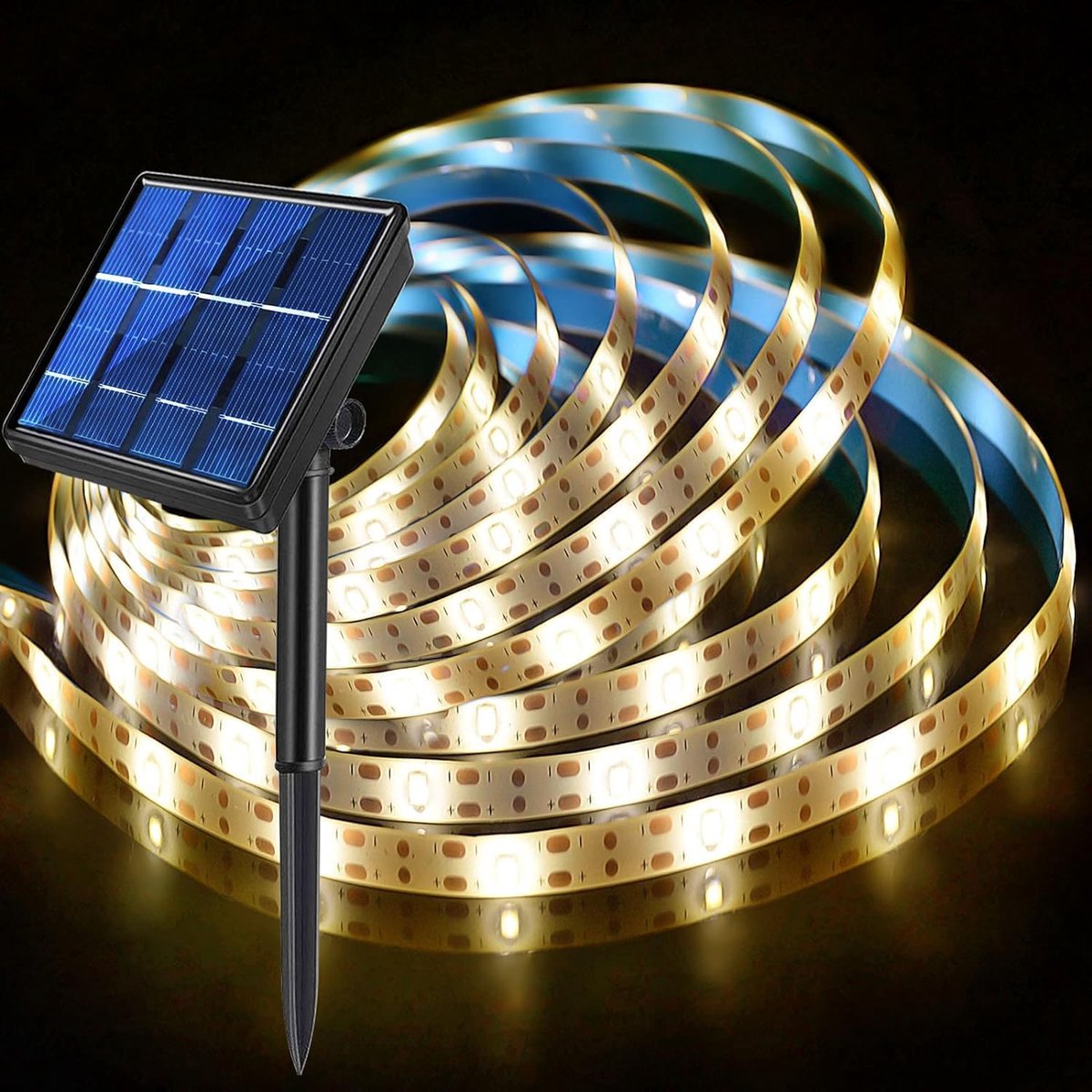 LED-strips voor buiten, 1M warm wit 3000K op zonne-energie flexibele bandverlichting, 30 LED, knipbaar, IP65 waterdichte LED-verlichting voor balkon, tuin, trapdecor