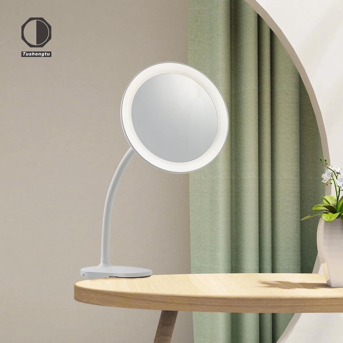 spiegel met verlichting met zwanenhals, flexibele vergrotende spiegel