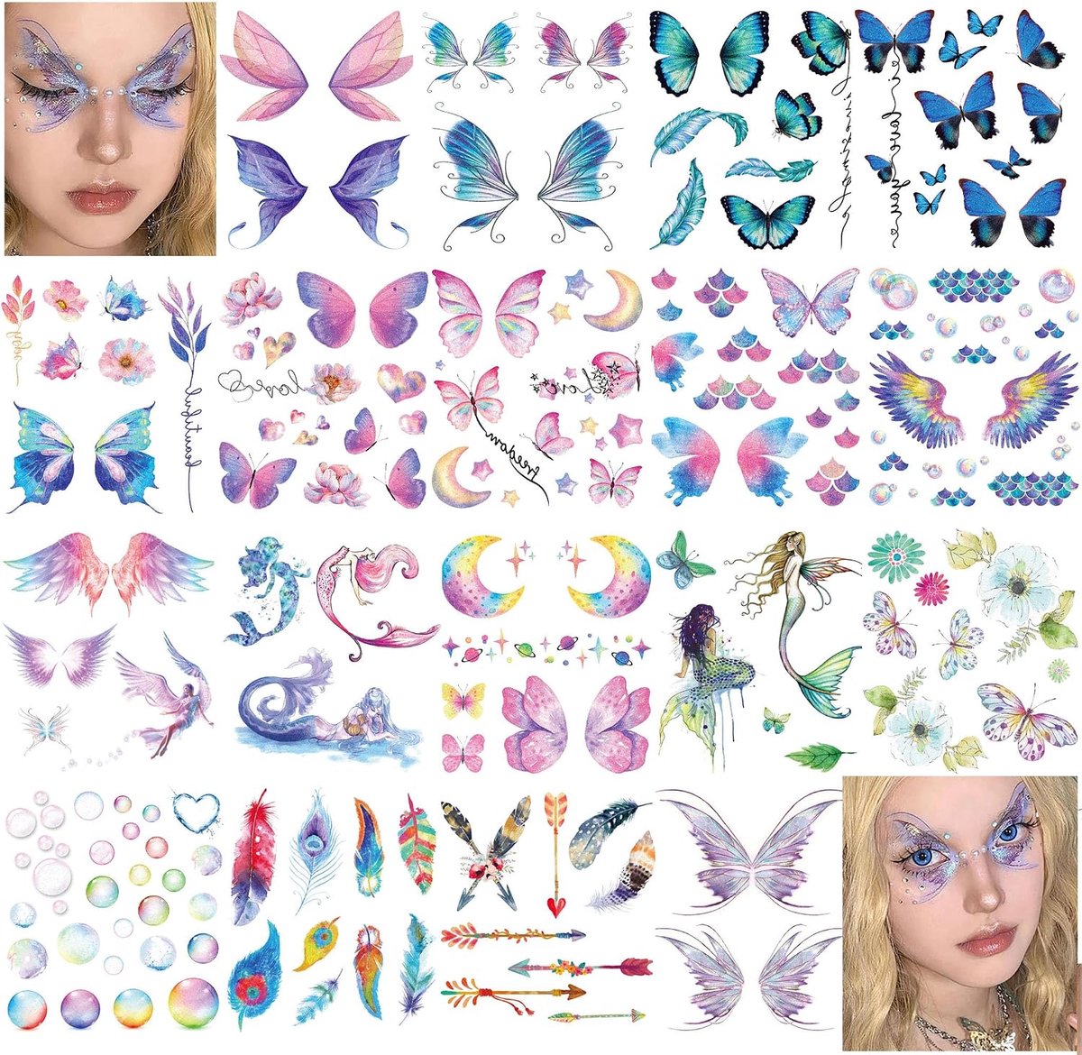 Tijdelijke tatoeages voor volwassenen, vlinders, bloemen, kleeftatoeages voor volwassenen, tatoeages om op te plakken, nep-tatoeages voor feest, festival, accessoires