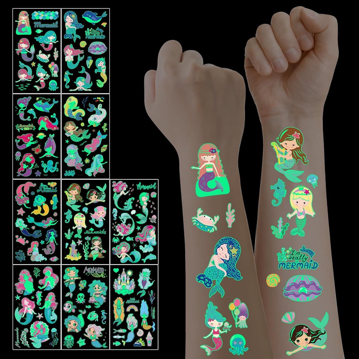 Tatoeages voor Jongens en Meisjes, 10 Vellen Zeemeermin Tatoeages | Lichtgevende, voor Meisjes, Feestzakken, Verjaardagsdecoraties, Klein Cadeautje