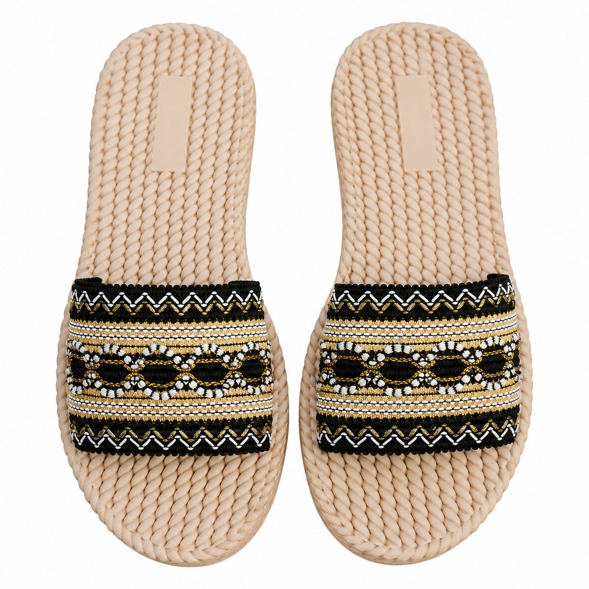 Zwarte dames slippers instap sandalen platte slippers open teen antislip dikke zool bohemian geborduurde band casual zomer slippers maat 39
