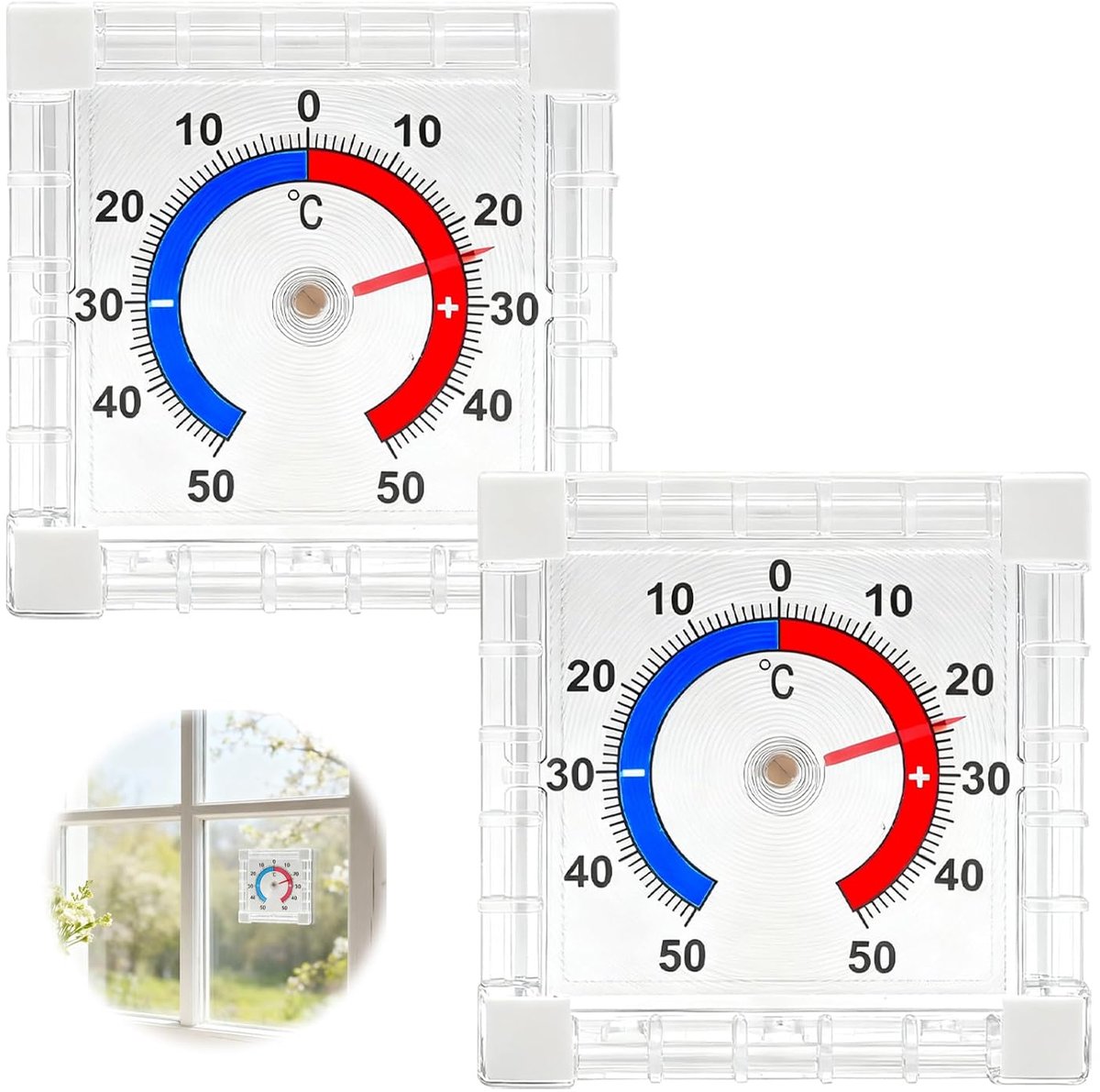 Set van 2 raamthermometers, + - 50 °C, buitenthermometer, raam, zelfklevend, koelkastthermometer, weerbestendig, analoog, geschikt voor binnen en buiten