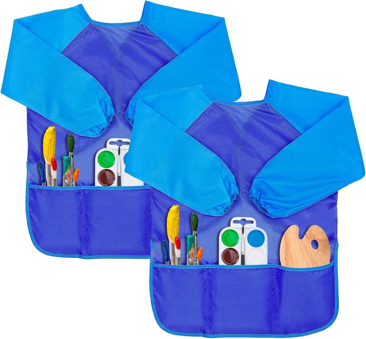 Kunstenaarsschort kinderen, 2-pack kinderkunstschorten, schilderschorten voor kinderen, kinderkunstschorten, waterdichte kinderkunstenaarsschilderij met lange mouwen en 3 zakken