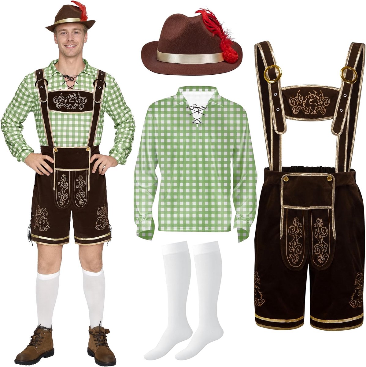 Creations Lederhosen Oktoberfest-outfit voor heren, Duits Beiers kostuum voor Halloween, bierfestival, feestjes