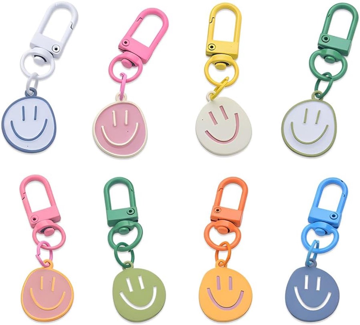 8 x sleutelhanger met glimlachend gezicht, decoratie voor tassen met glimlach, decoratieve sleutelhanger voor tas, sleutelhanger voor sleutels, creatieve sieradenaccessoires voor mannen en