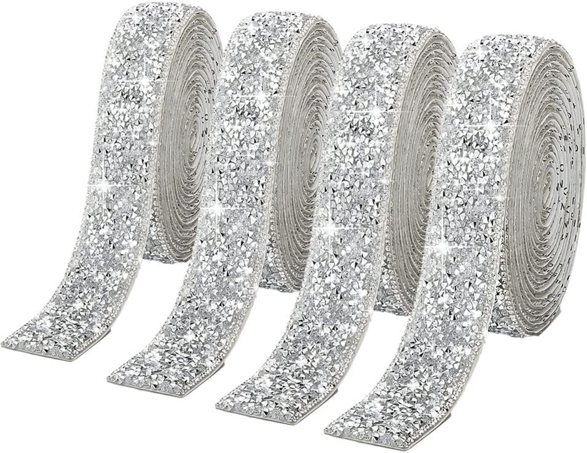 4 rollen zilveren glitterhars strass lint zelfklevende riem sprankelende diamant glitter stickers wikkel kristal rol voor DIY kunstnijverheid, 10mm