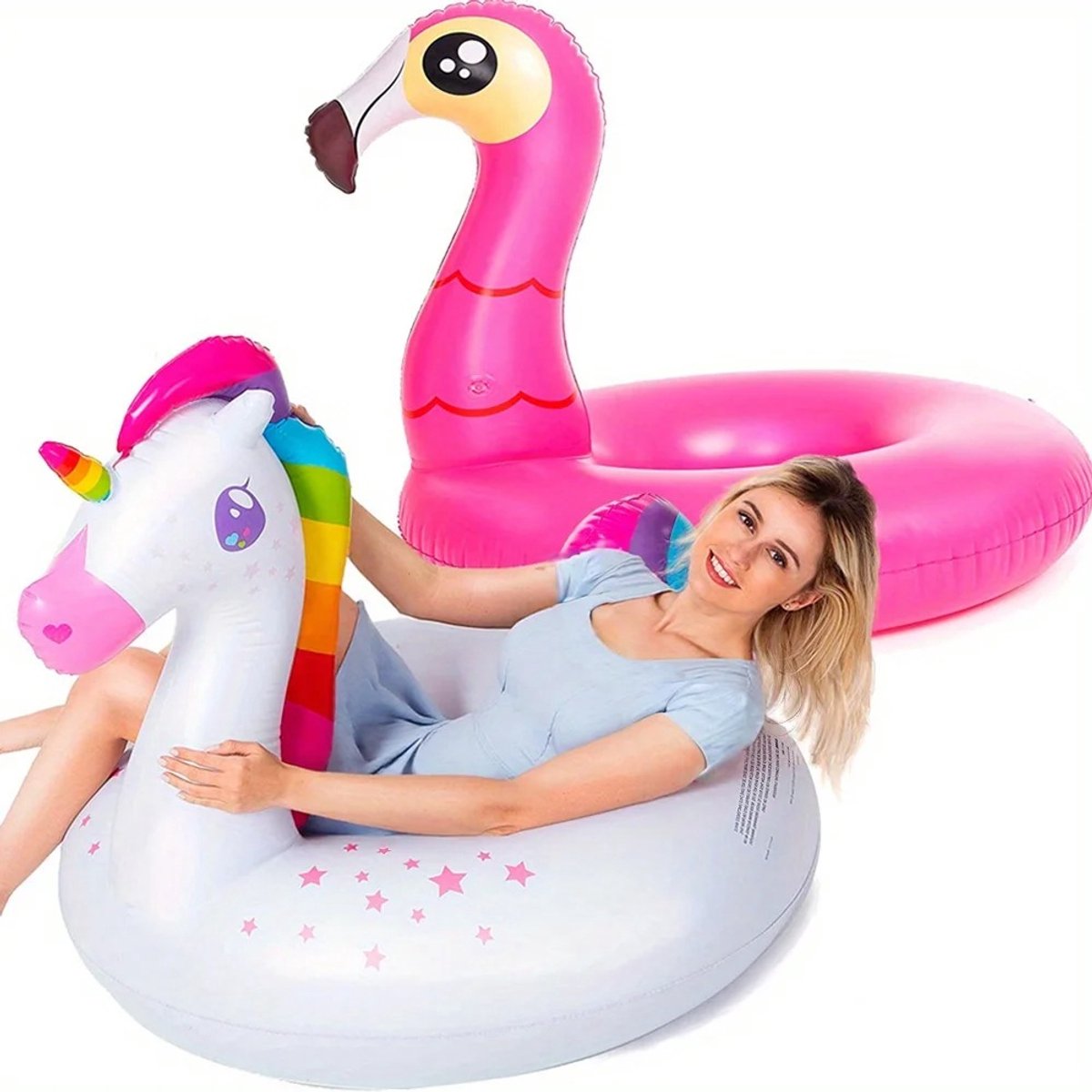 RosaBloom Opblaasfiguur - Opblaasbare zwembanden - Unicorn en Flamingo - Drijfbanden - Uniek duo-pack - Hoogwaardig vinyl - 101,6x99,1 cm - Roze/Wit