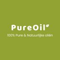 Logo van PureOil met de tekst '100% Pure & Natuurlijke oliën' op een groene achtergrond.