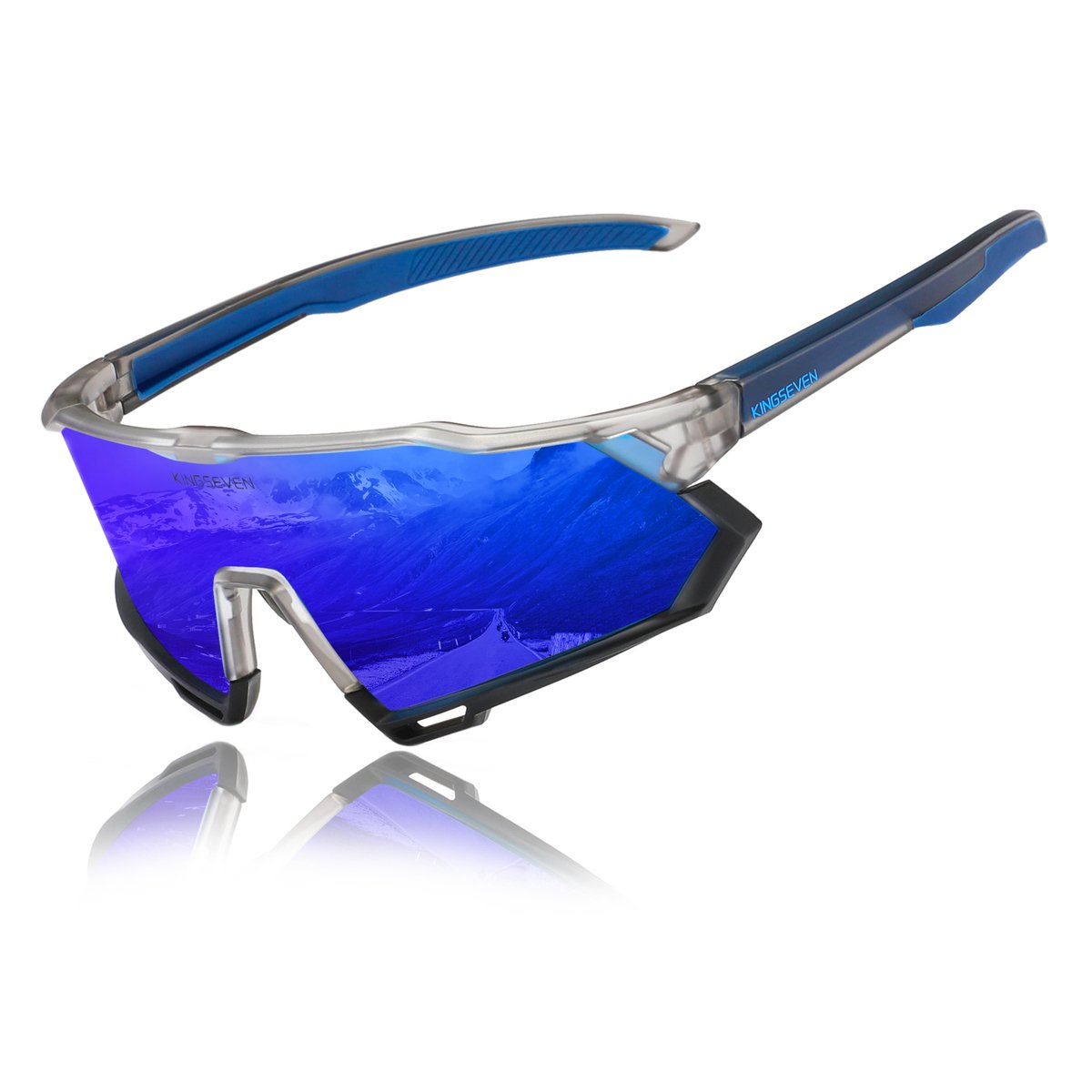 Kingseven Slim Wielren Zonnebril UV400 – Transparant Frame – Blauw Spiegelglas – 918