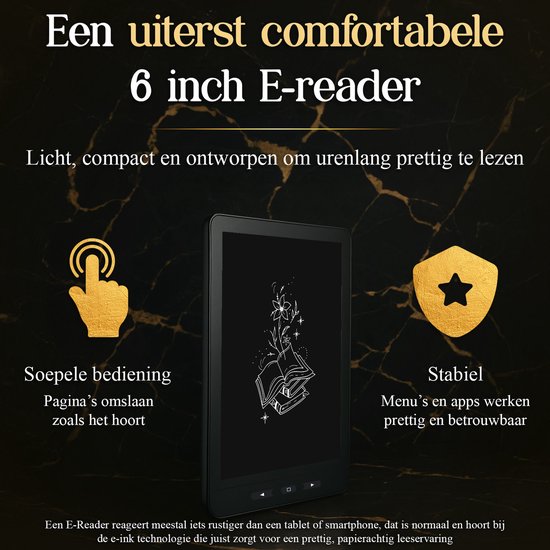 Een close-up van de SwayTosh Nova Smart e-reader, met icoontjes voor soepele bediening en stabiel menu.