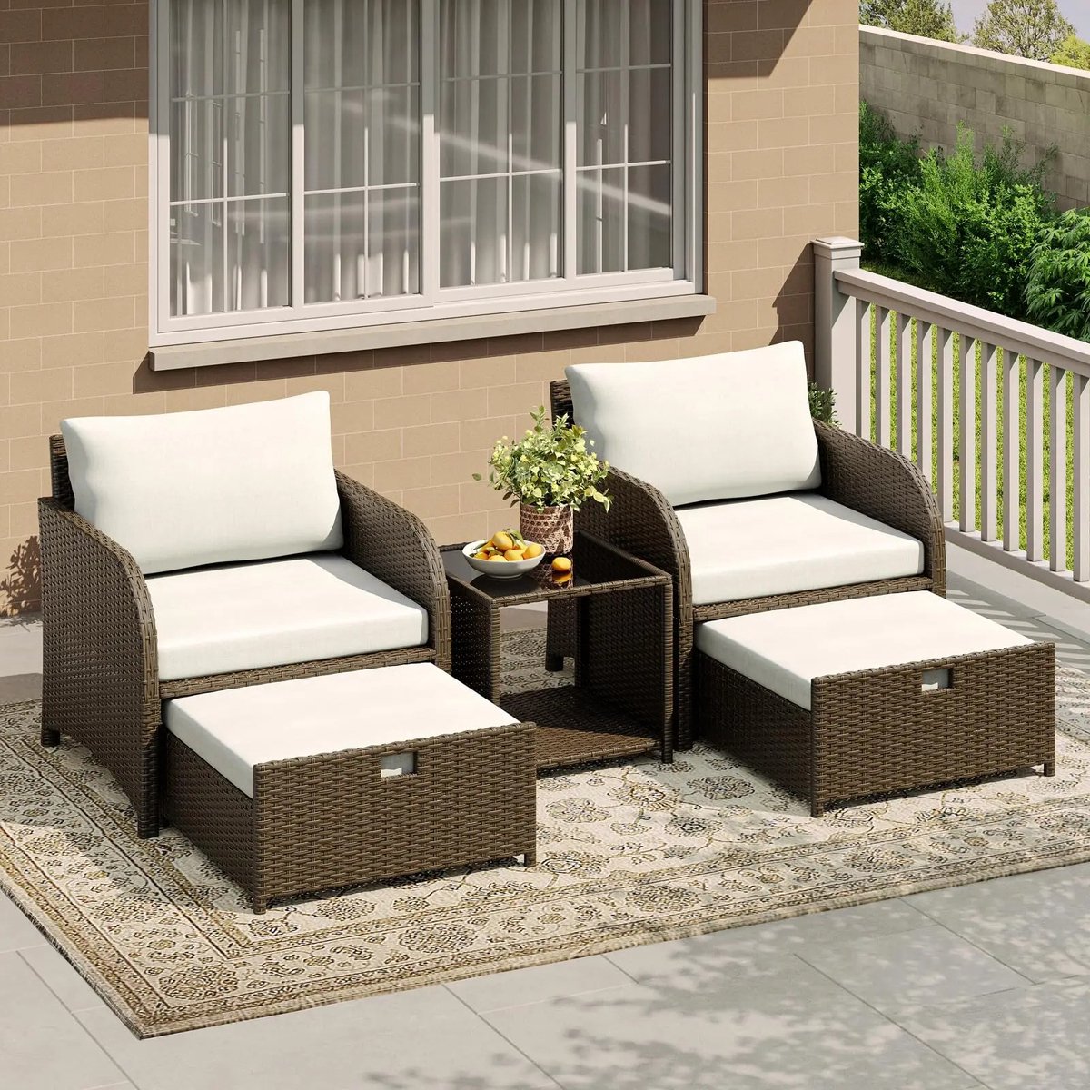 RosaBloom Loungeset - Tuinmeubelset - Terrasset - Ingebouwde Opbergruimte - Weerbestendig - 74 x 71 x 70 cm - PE Rattan Metaal Glas - Bruin Crème
