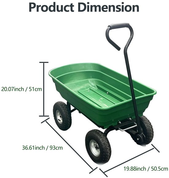 RosaBloom Tuinwagen - Kruiwagen met 4 wielen - Handkar - Grote Laadcapaciteit - 93 x 50.5 x 51 cm - Staal Polyethyleen - Groen — afbeelding 3