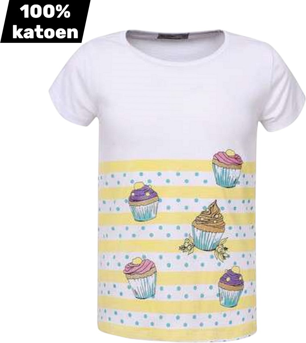 T-shirt 100% katoen cupcakes geel 110