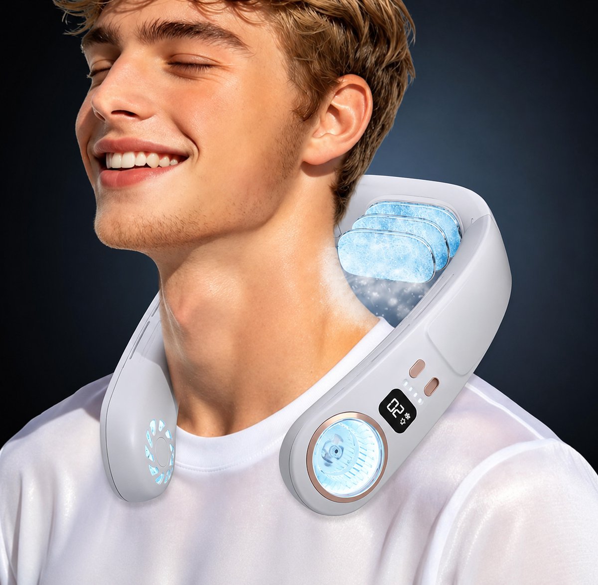 Nekventilator met TEC Koeling 4000mAh – Draagbare Bladloze Halsventilator met Halfgeleider Koeltechnologie, 3 Snelheden, LED Display en Sfeerverlichting – USB Oplaadbaar Wit