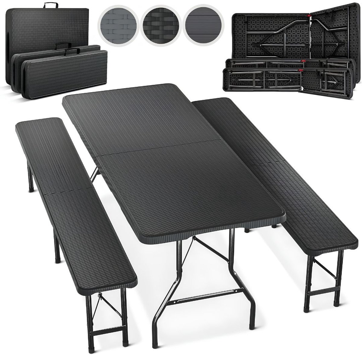 JCP® Tafel - 2 Bierbanken en 1 Biertafel - Biertafel - Biertafel met Banken - Zwart - 90cm x 74cm x 8cm