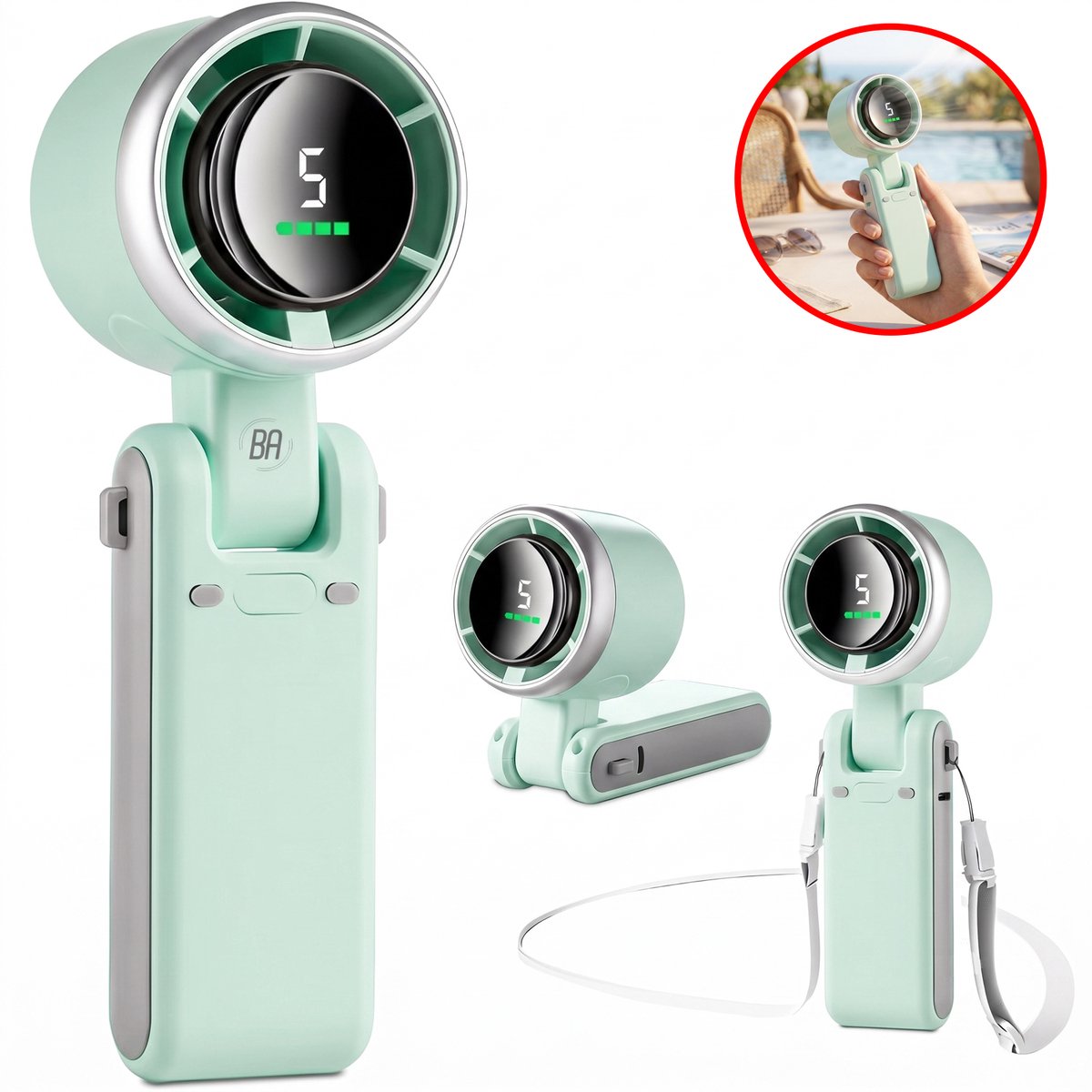 Best Active Mini Handventilator - Kleine Ventilator Oplaadbaar - Draagbare & Opvouwbare Ventilator met 5 Standen, Digitaal Display & 800 mAh Accu - Voor Thuis, Kantoor & Onderweg - Mintgroen