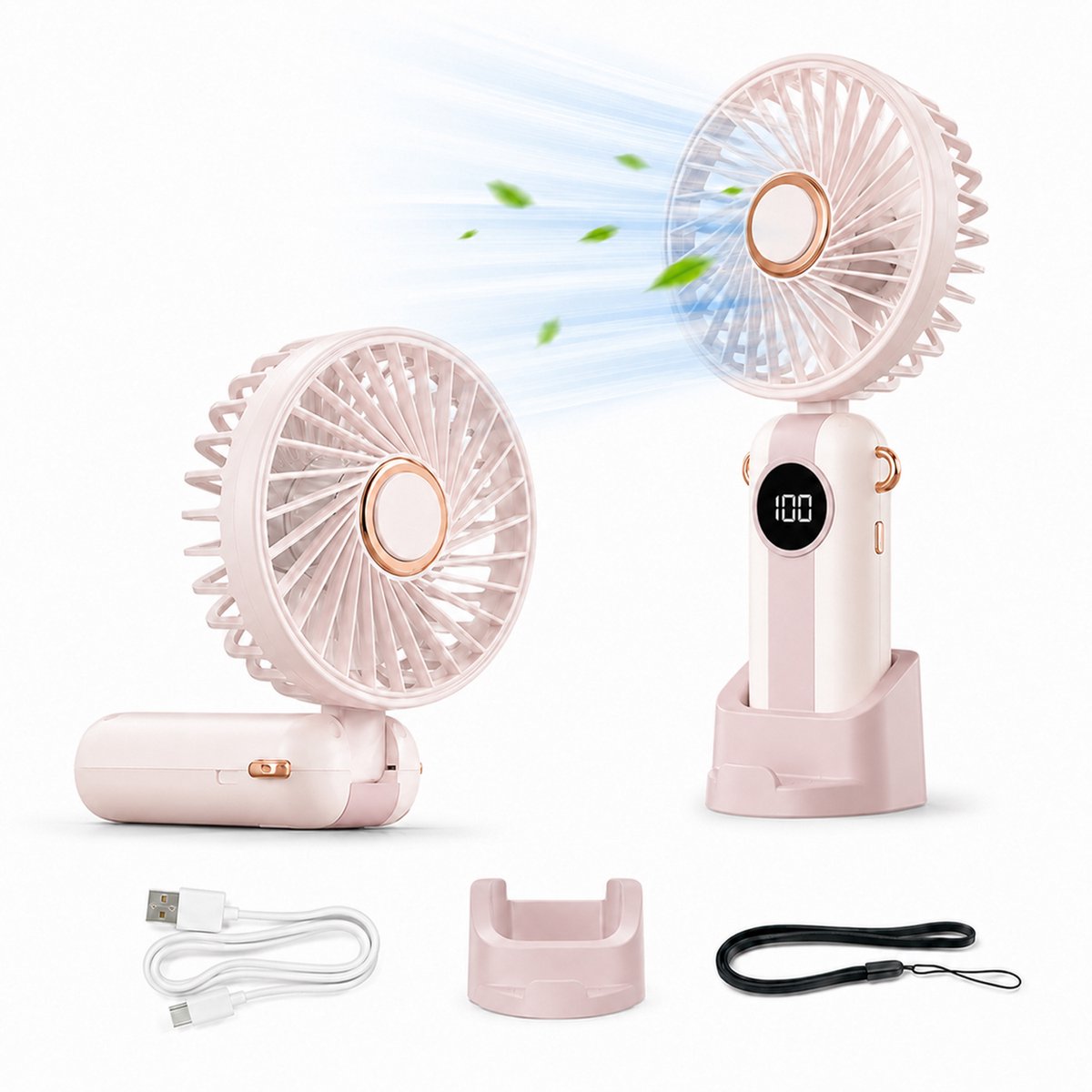 Draagbare Handventilator - Stille Persoonlijke Ventilator met 5 Snelheden - Opvouwbaar Mini Handfan met Koord - Lichtgewicht voor Reizen, Kantoor, Bureaublad - Roze - 1 Stuk